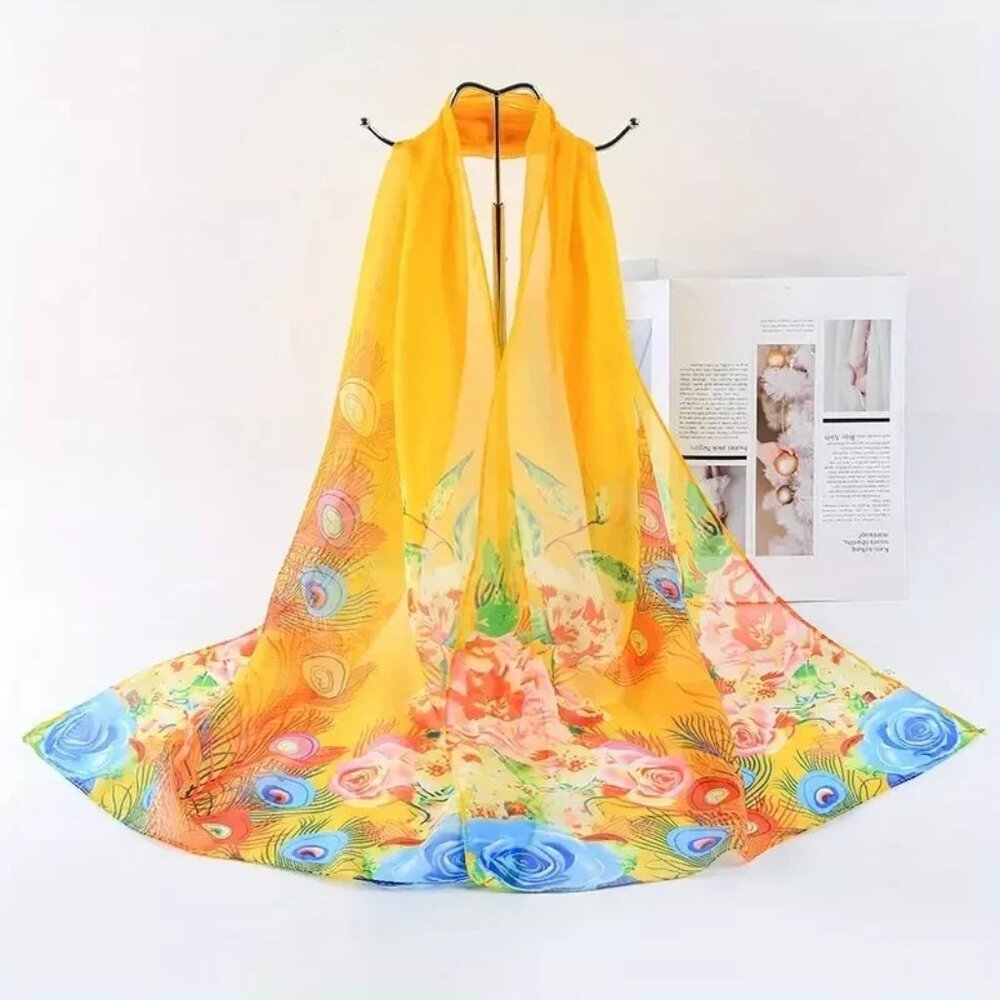 Lightweight Peacock Scarf Floral Hair Shawl Chiffon